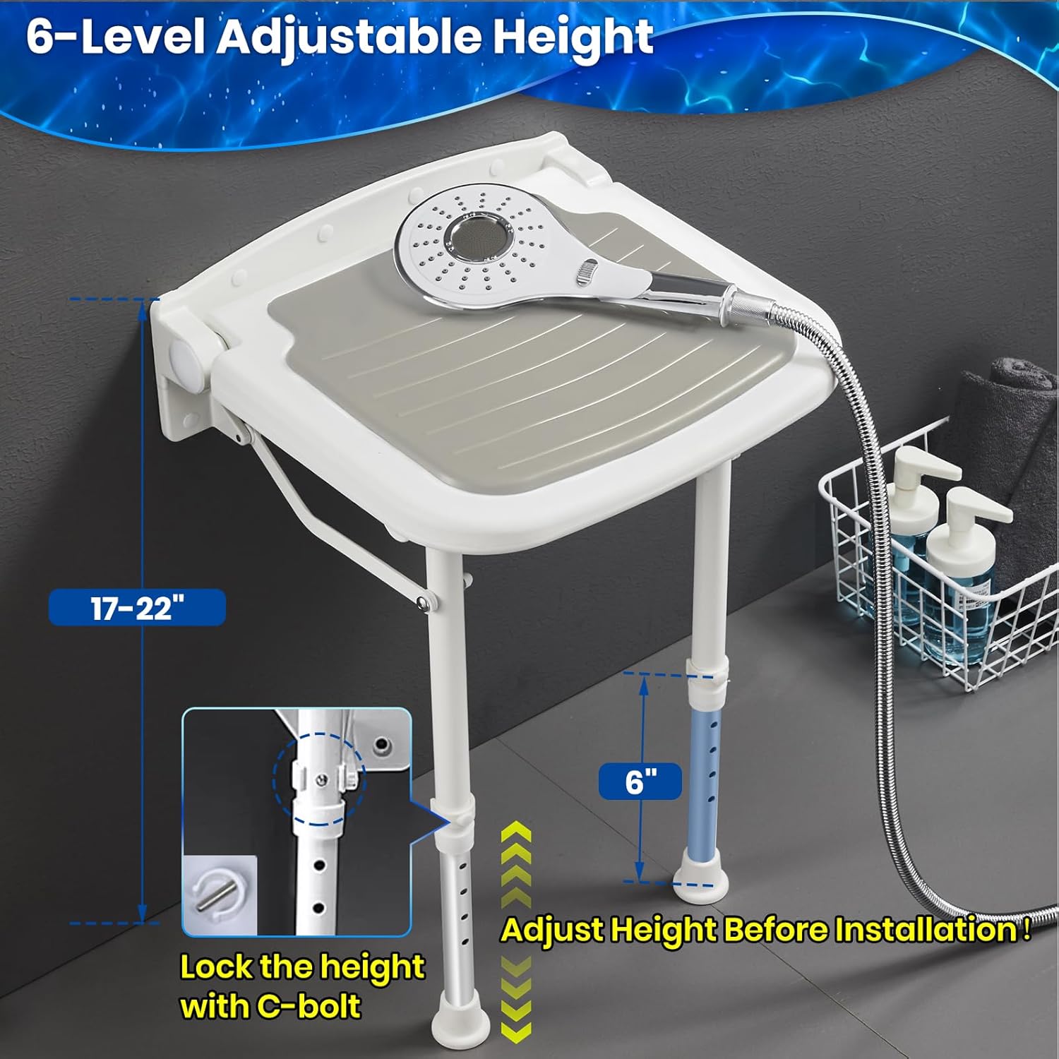 Folding Wall Mounted Shower Seat, Support 550lbs, Adjustable Height Folding Shower Bench