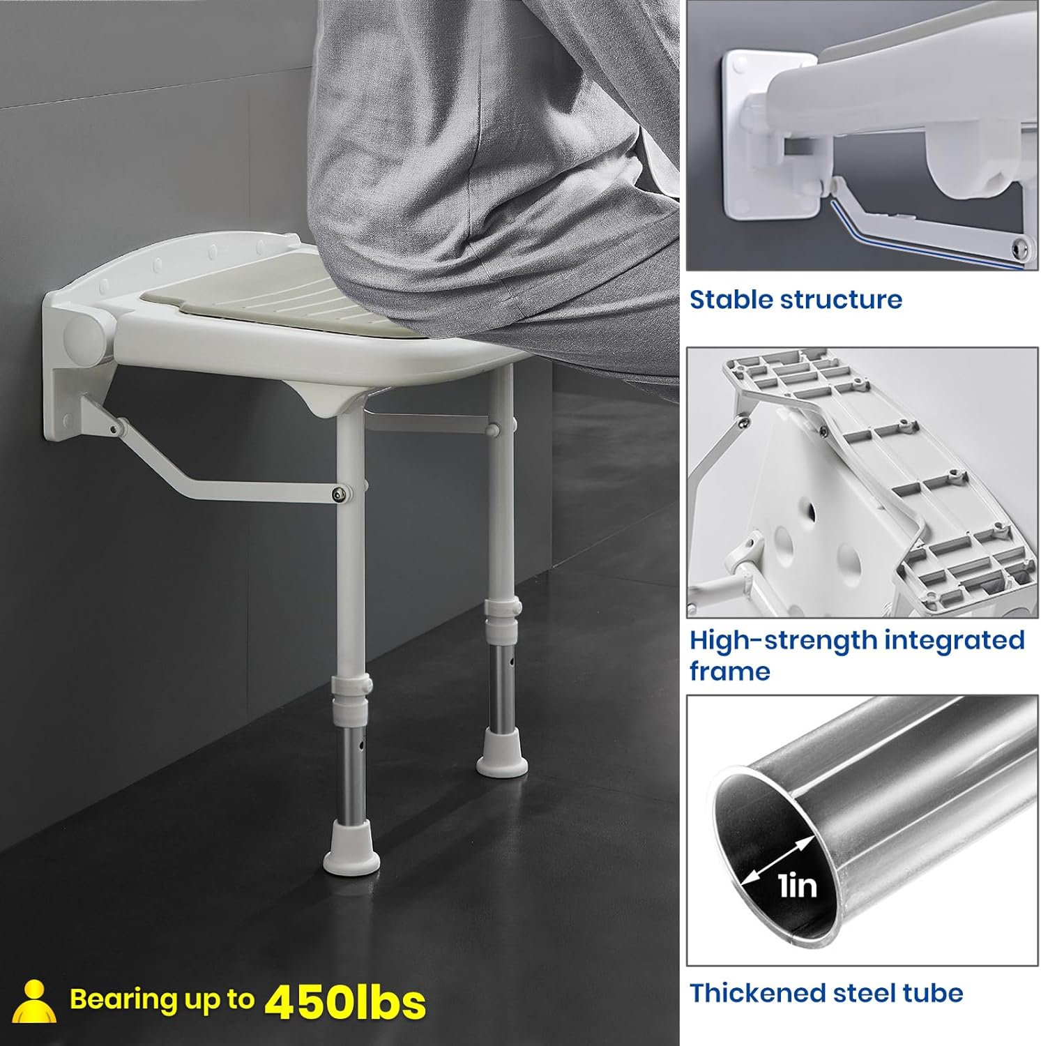 Adjustable Height Folding Wall Mounted Shower Bench Seat with Bathroom Grab Bar, Support 550lbs