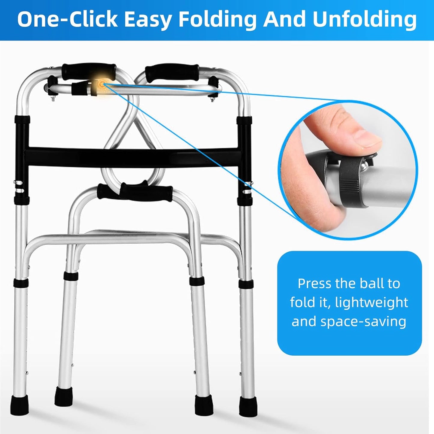 Foldable Walker for Seniors - Folding Walker with 2 Wheels, 8-Height Adjustable Aluminum Walkers, Stable Stand Up Walkers for Elderly, Stepped Handrail Assisted Getting Up Walker,Fixed&Flexible Modes