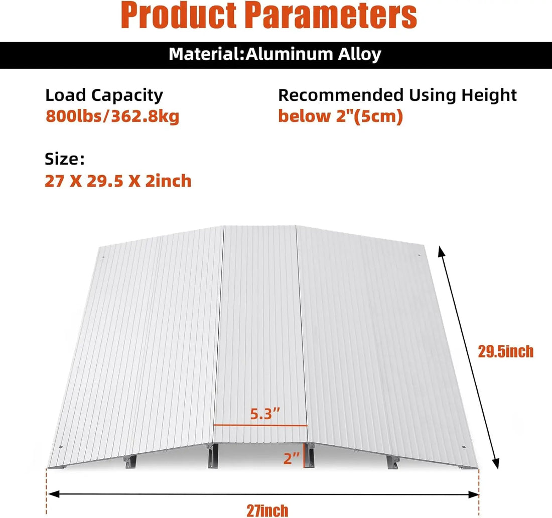 Product parameters of an aluminum alloy ramp with dimensions and load capacity.