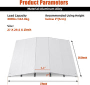 Product parameters of an aluminum alloy ramp with dimensions and load capacity.