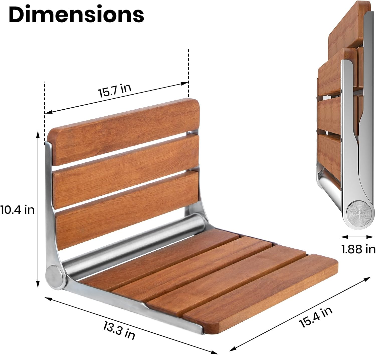 Folding Wall Mounted Teak Shower Seat, 16x13 inches, Support 440lbs