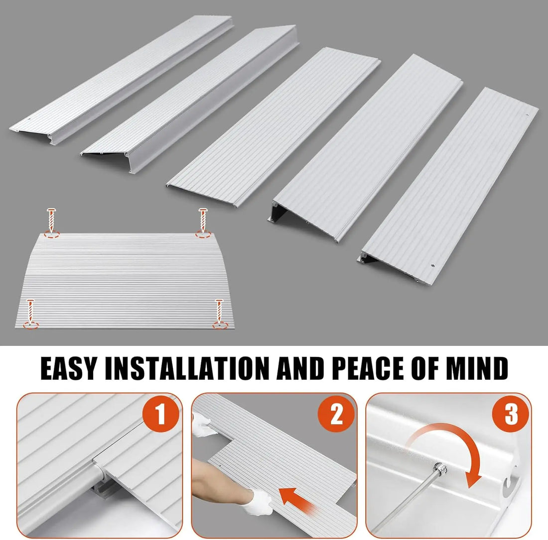 Metal ramp panels with installation instructions on a gray background