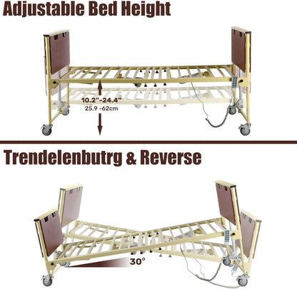 5 Function Electric Hospital Bed, Hi Low 10"-24.5" Height, 600 LBS Capacity Medical Bed with Wooden Headboard, Adjustable Hospital Beds for Home Use, 80" L x 36" W (Without Mattress)