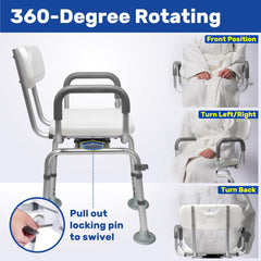 360° Swivel Shower Chair with Back and Arms,Rotating Bath Chair Handicap with Cold-Proof Pads for Inside Shower, Support 340lbs