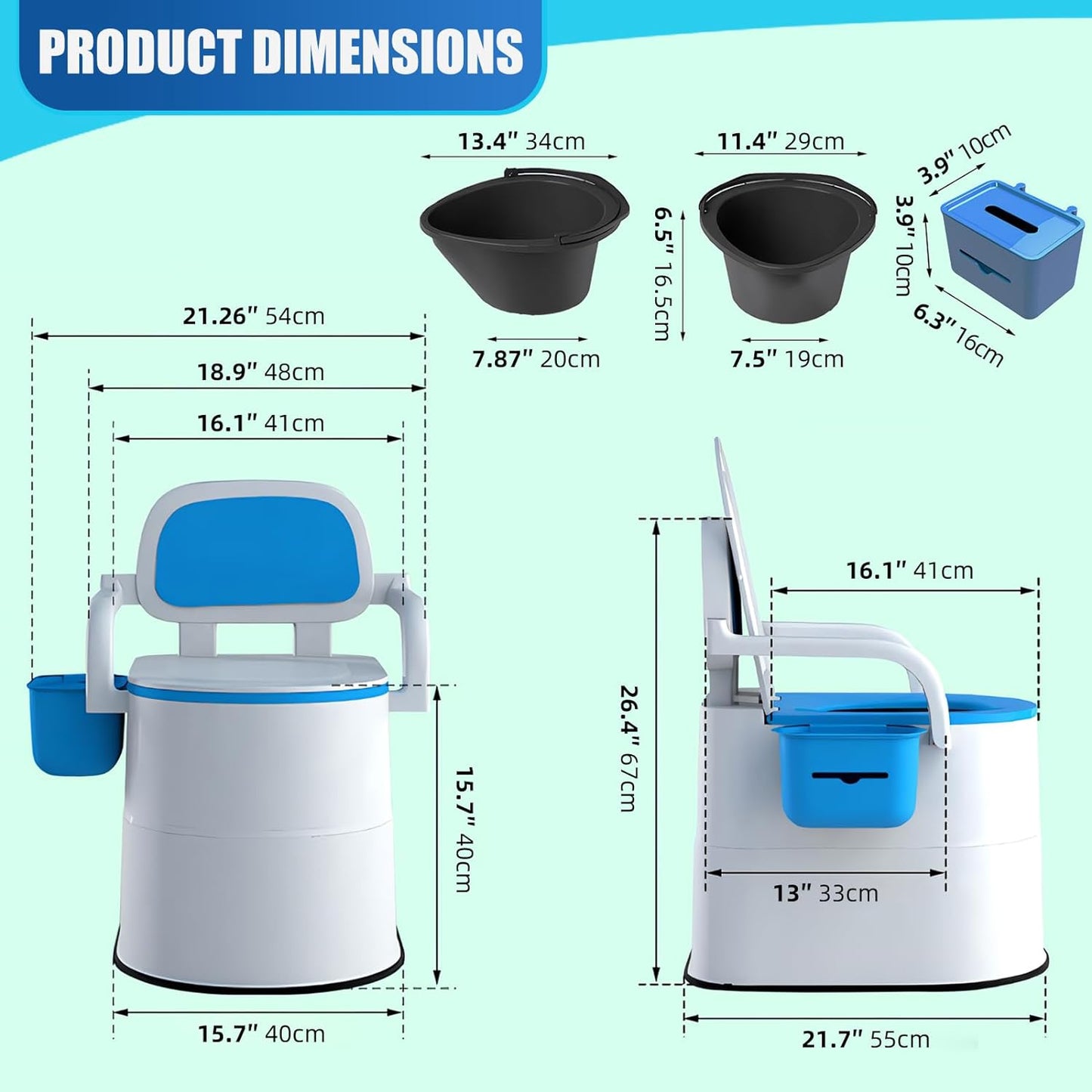 Bedside Commode Toilet for Elderly, Portable Toilet for Adults with Full-Surround Anti-Slip, Armrests, PU Leather Seat, Double Layer Odor Sealed, Bedside Commode Chair for Toilet with Arms, Blue