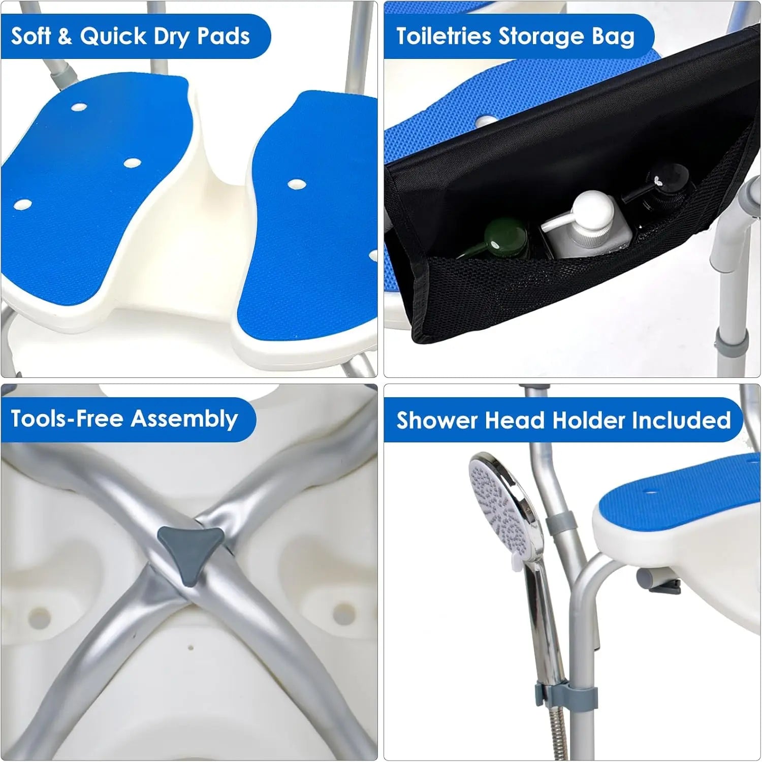 Collage of features including soft quick dry pads, toiletries storage bag, tools-free assembly, and shower head holder on a shower stool.