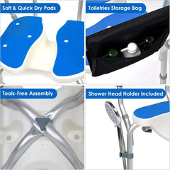 Collage of features including soft quick dry pads, toiletries storage bag, tools-free assembly, and shower head holder on a shower stool.