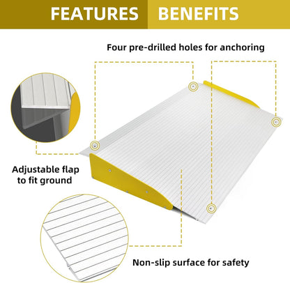 Curbside Threshold Ramp with Non-Slip Surface, 3" Rise Adjustable Aluminum Entry Ramp for Wheelchairs, Scooters, Power Chairs, 880 LBS Load Capacity