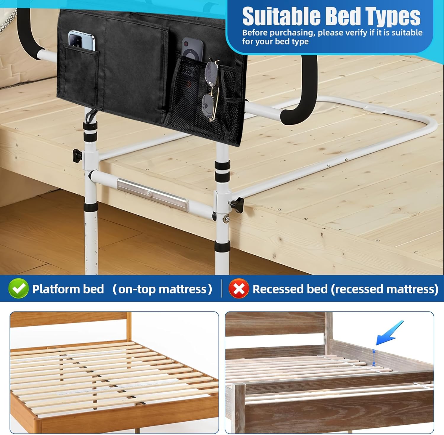 Bed Rails for Elderly with Sensor Light, Adjustable Height & Extendable Bed Assist Bar,Foldable Bed Rails with Large Storage Pocket for Seniors,450LBS Capacity Heavy Duty Adult Bed Rail Bed Cane