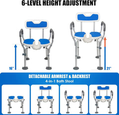 4-in-1 bath stool with height adjustment features and detachable armrest and backrest.