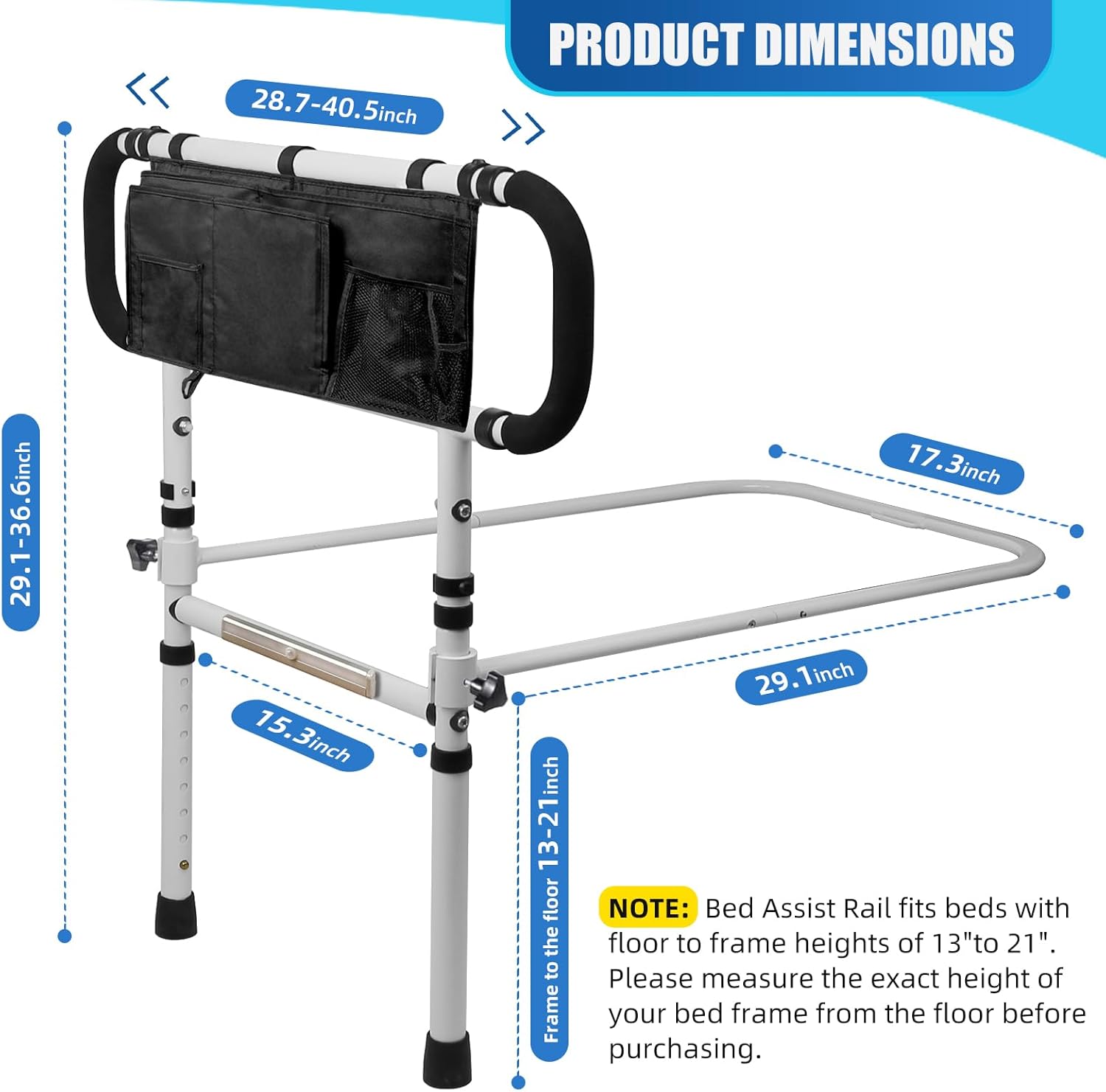 Bed Rails for Elderly with Sensor Light, Adjustable Height & Extendable Bed Assist Bar,Foldable Bed Rails with Large Storage Pocket for Seniors,450LBS Capacity Heavy Duty Adult Bed Rail Bed Cane