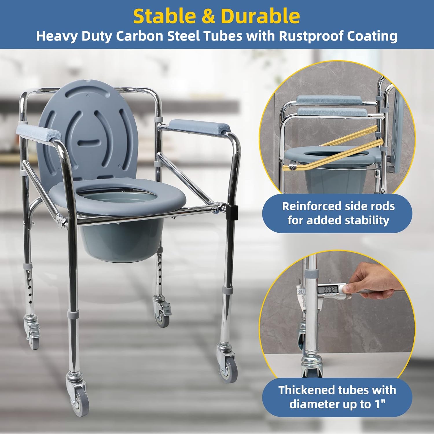 Bedside Portable Commode Chair with Wheels, Heavy Duty Steel Frame Portable Toilets with Adjustable Height