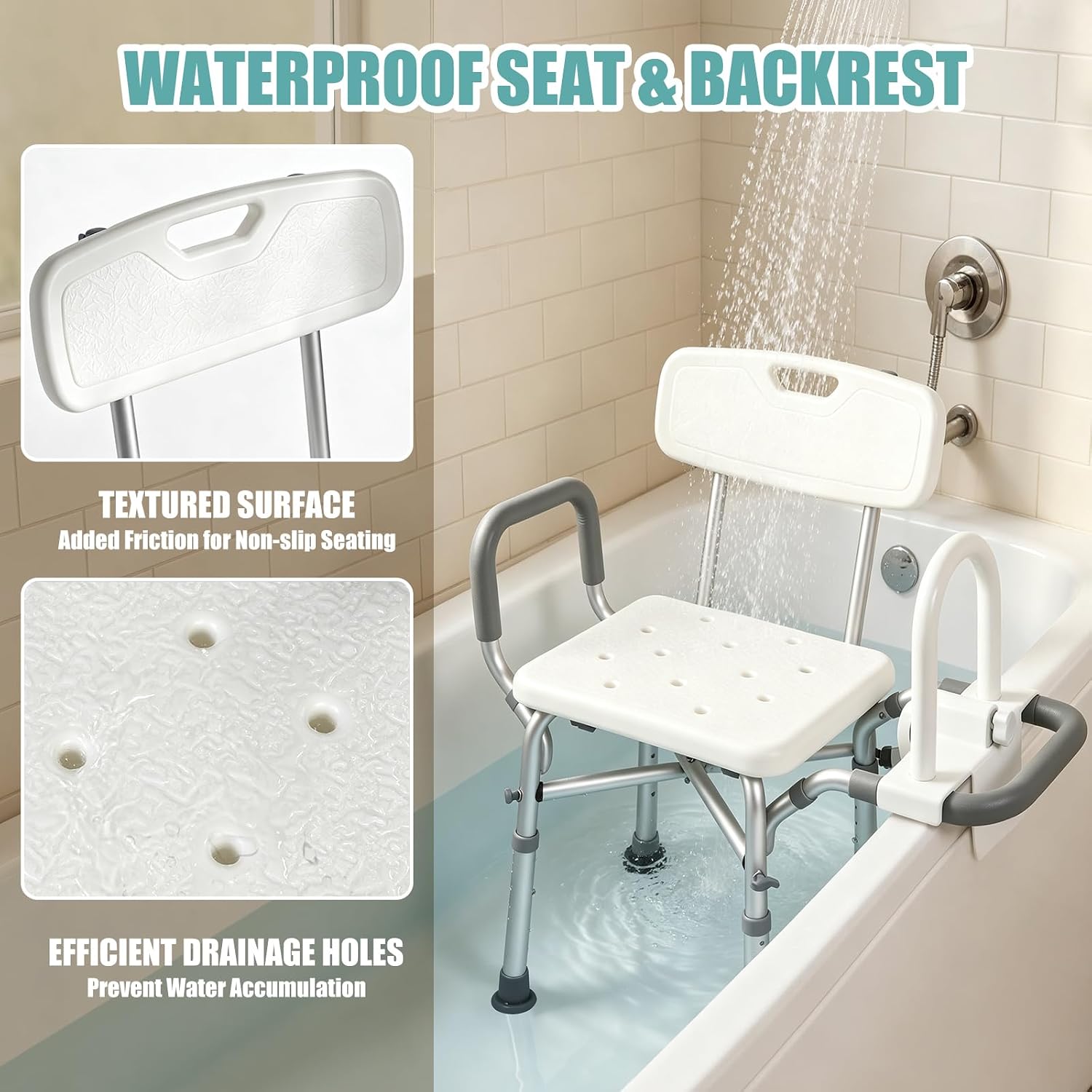 Non-slip shower chair seat with drainage holes