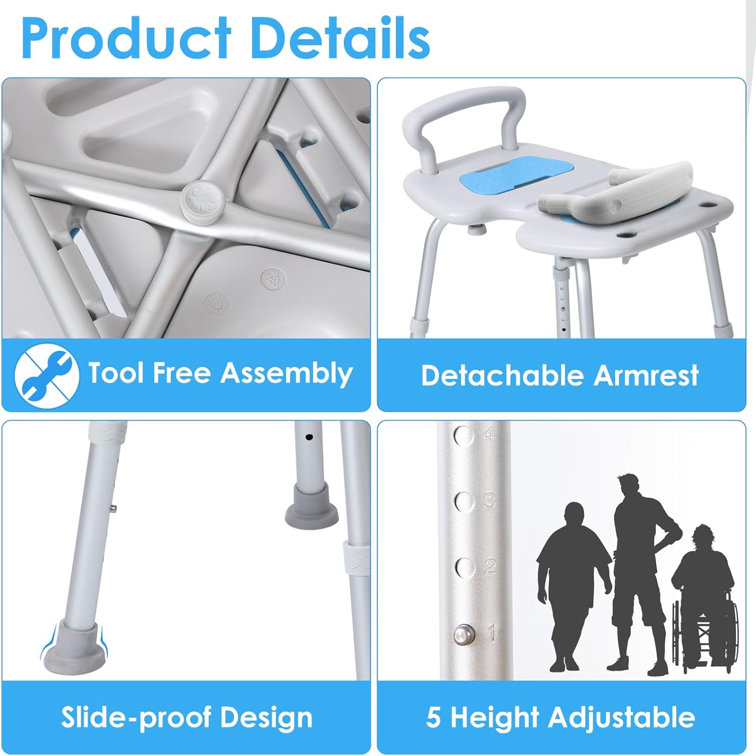 Extra Wide 23-Inch Adjustable Shower Stool with Arms, Cutout Seat, 350lbs Capacity