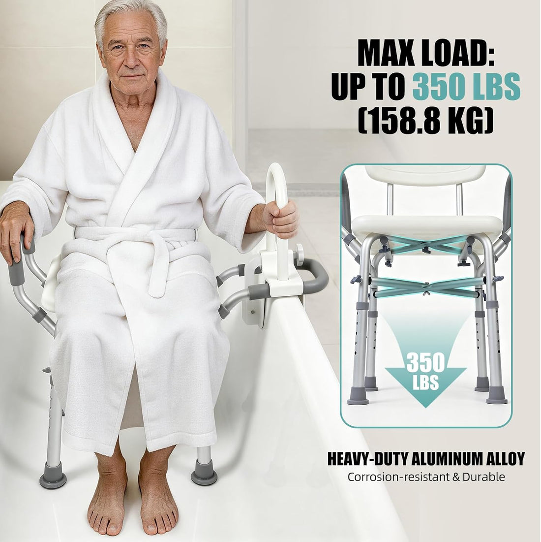 Aluminum shower chair with bathtub clamp and non-slip rubber feet