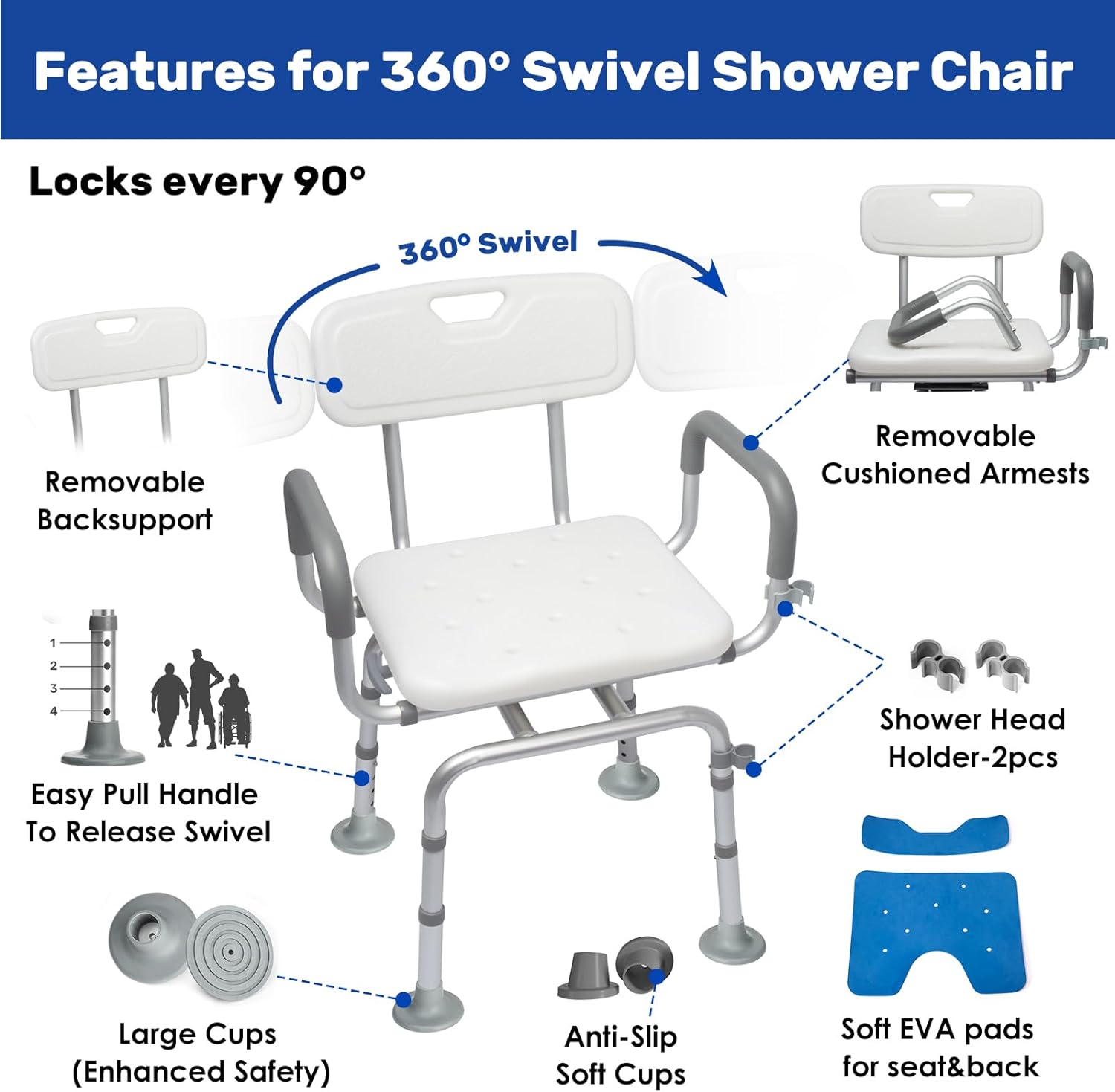 360° Swivel Shower Chair with Back and Arms,Rotating Bath Chair Handicap with Cold-Proof Pads for Inside Shower, Support 340lbs