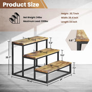 Wooden step stool with dimensions and product details on a neutral background