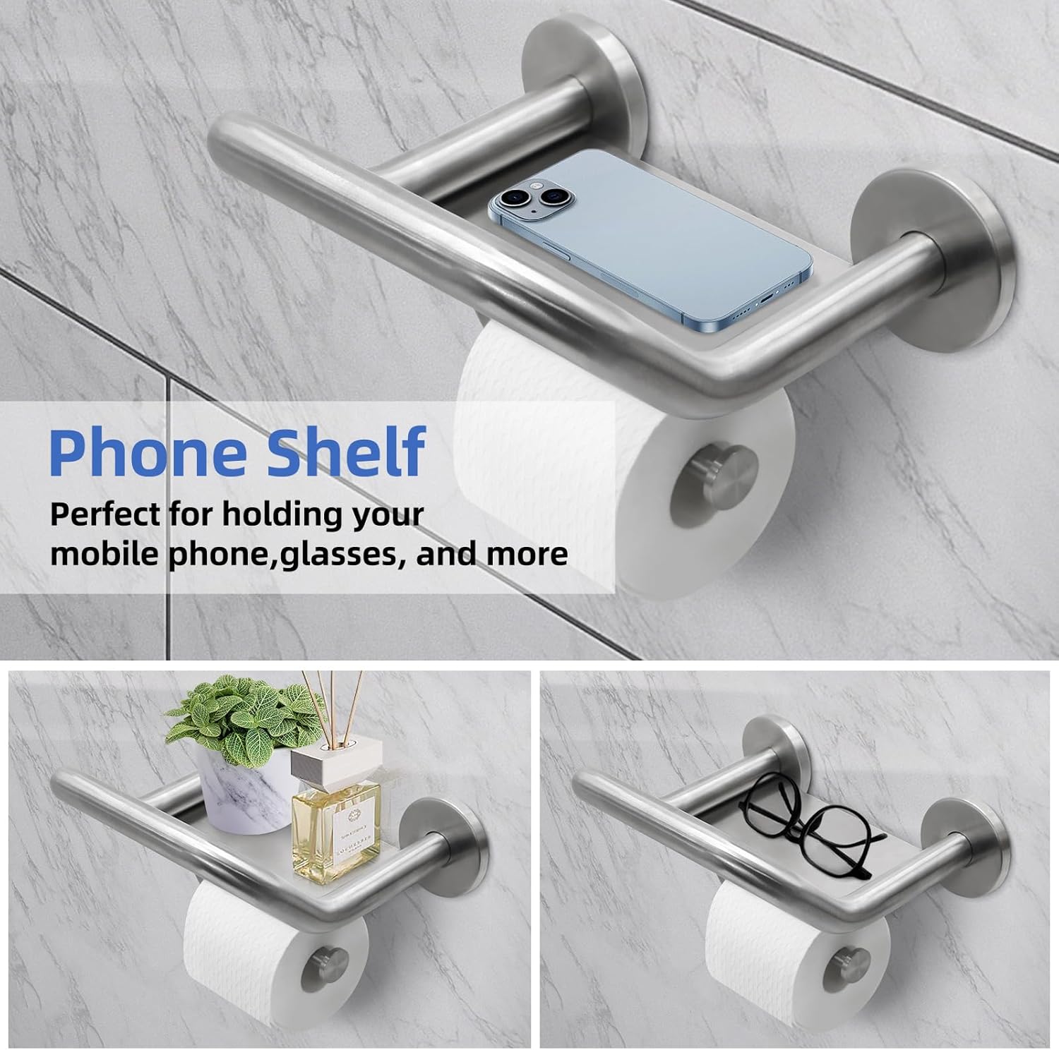 Grab Bar Toilet Paper Holder, 3-in-1 Bathroom Grab Bar with Toilet Holder and Phone Shelf, 304 Stainless Steel Safety Toilet Paper Grab Bar, Wall Mount Toilet Paper Holder