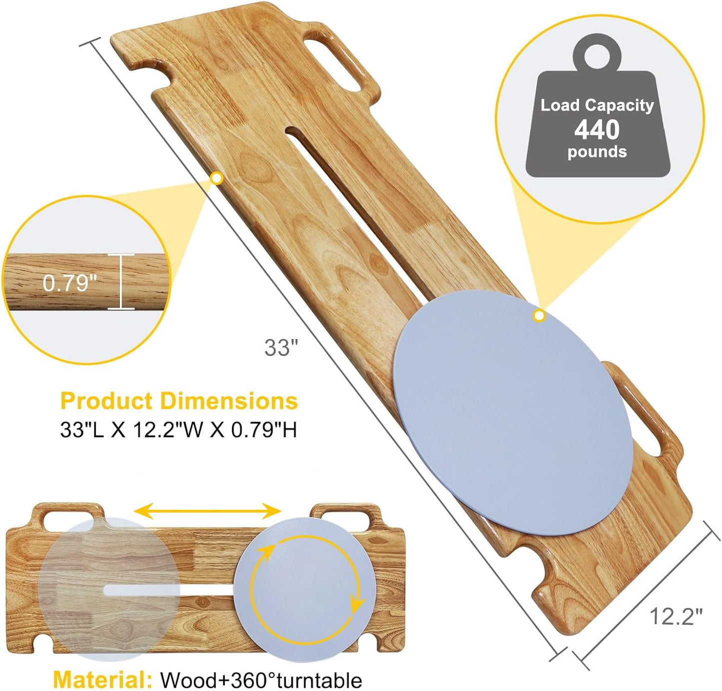 Transfer Board Patient Slide Assist Device for Transferring Patient Elderly, and Disabled from Wheelchair to Bed, Toilet, Bathtub, Car Wooden Sliding Boards Platform (33" x 12 x 0.8")