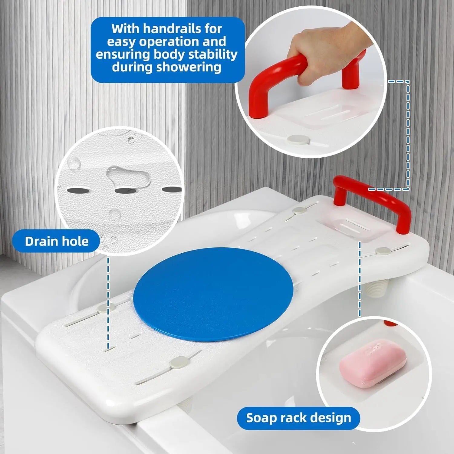 Bath seat with handrails, drain hole, and soap rack design for easy operation and stability during showering.