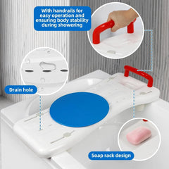 Bath seat with handrails, drain hole, and soap rack design for easy operation and stability during showering.