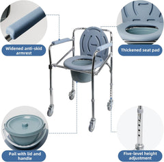 Bedside Portable Commode Chair with Wheels, Heavy Duty Steel Frame Portable Toilets with Adjustable Height