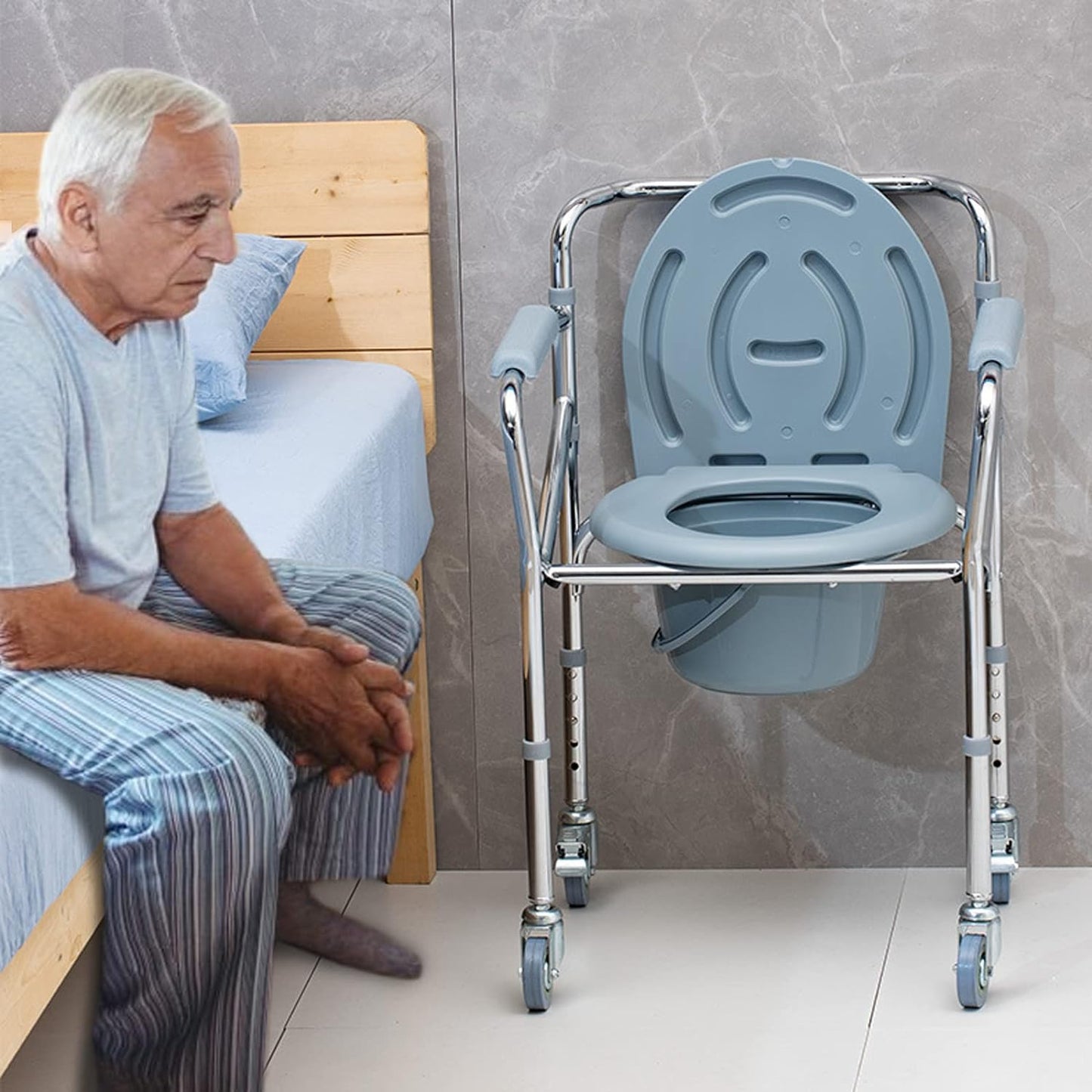 Bedside Commode Chair with Wheels, Heavy Duty Steel Frame Portable Toilets for Elderly with Adjustable Height, Bedside Commodes for Seniors, Portable Commode for Elderly