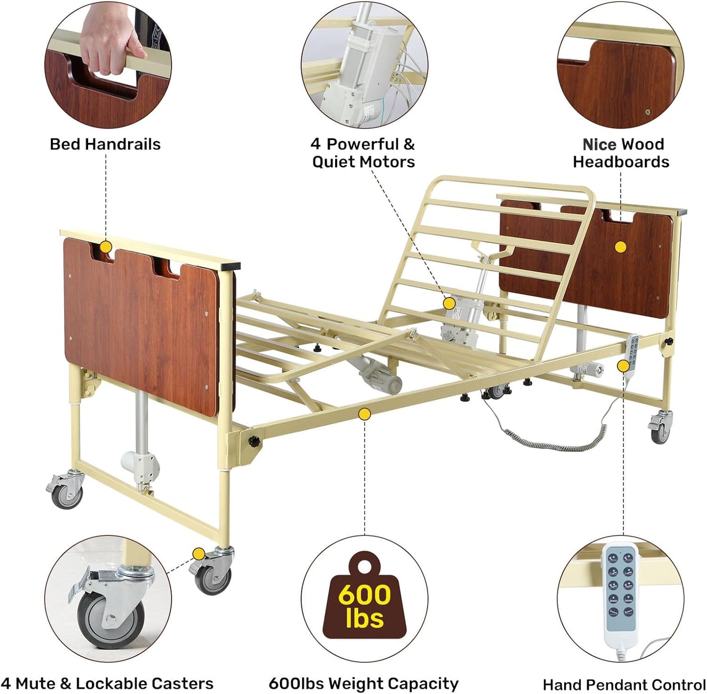 5 Function Electric Hospital Bed, Hi Low 10"-24.5" Height, 600 LBS Capacity Medical Bed with Wooden Headboard, Adjustable Hospital Beds for Home Use, 80" L x 36" W (Without Mattress)