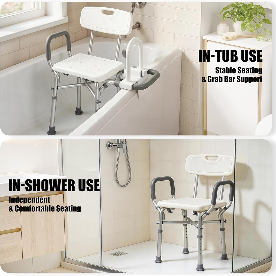 In-tub shower chair shown in a bathtub and shower with stable seating