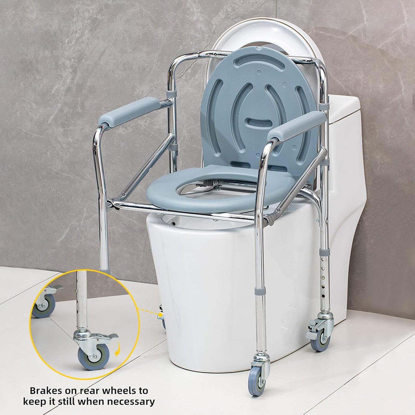 Bedside Commode Chair with Wheels, Heavy Duty Steel Frame Portable Toilets for Elderly with Adjustable Height, Bedside Commodes for Seniors, Portable Commode for Elderly