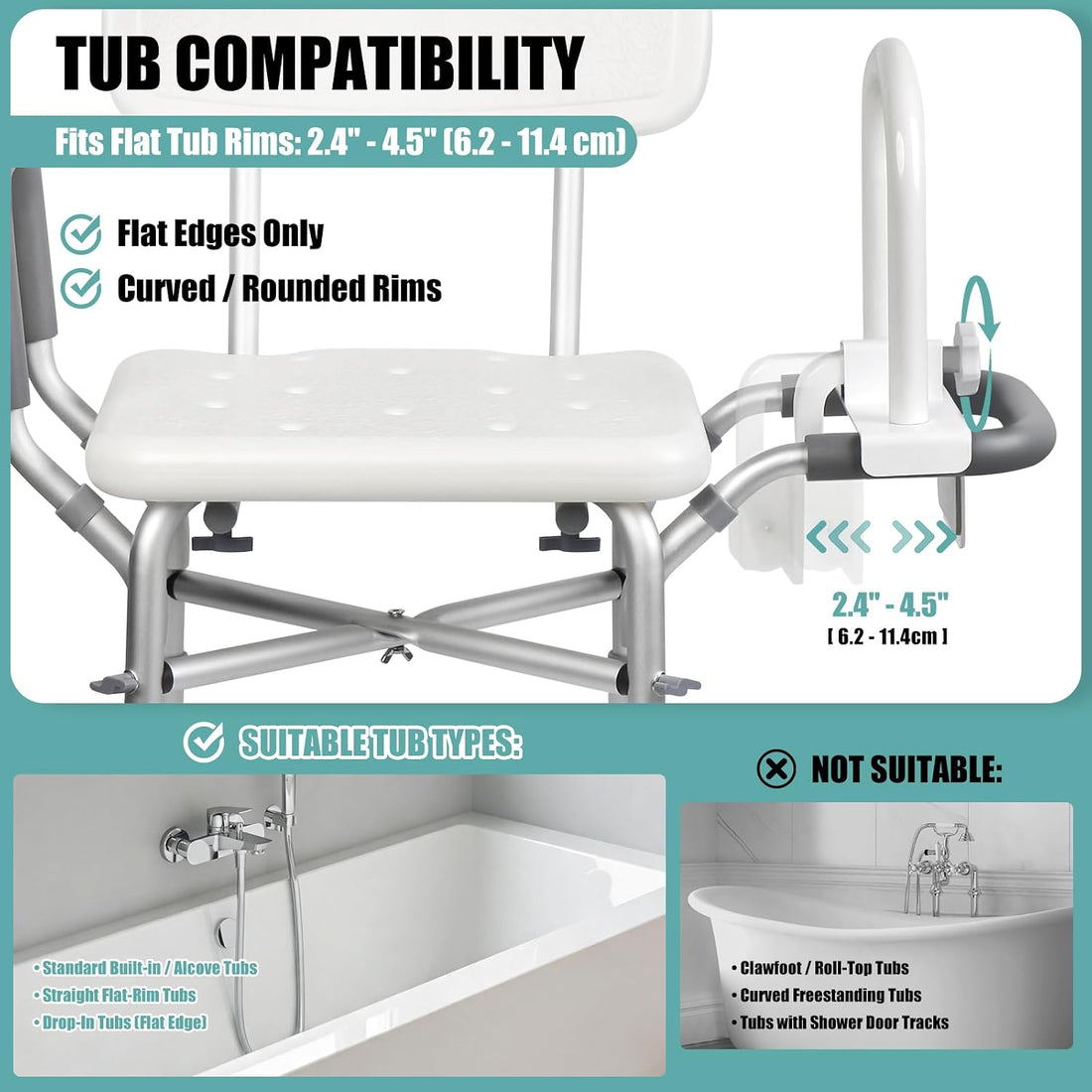 Shower chair fits flat bathtub rims from 2.4 to 4.5 inches wide