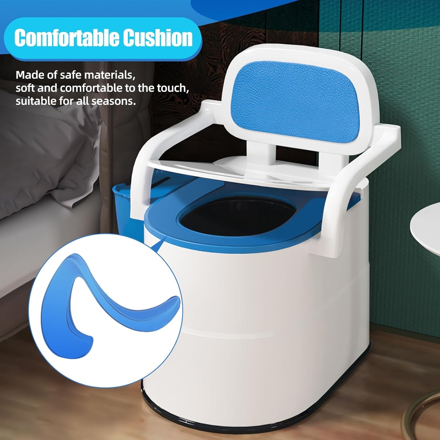 Bedside Commode Toilet for Elderly, Portable Toilet for Adults with Full-Surround Anti-Slip, Armrests, PU Leather Seat, Double Layer Odor Sealed, Bedside Commode Chair for Toilet with Arms, Blue