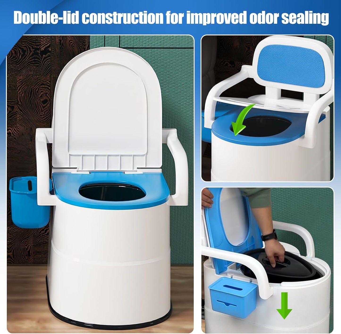 Bedside Commode Toilet for Elderly, Portable Toilet for Adults with Full-Surround Anti-Slip, Armrests, PU Leather Seat, Double Layer Odor Sealed, Bedside Commode Chair for Toilet with Arms, Blue