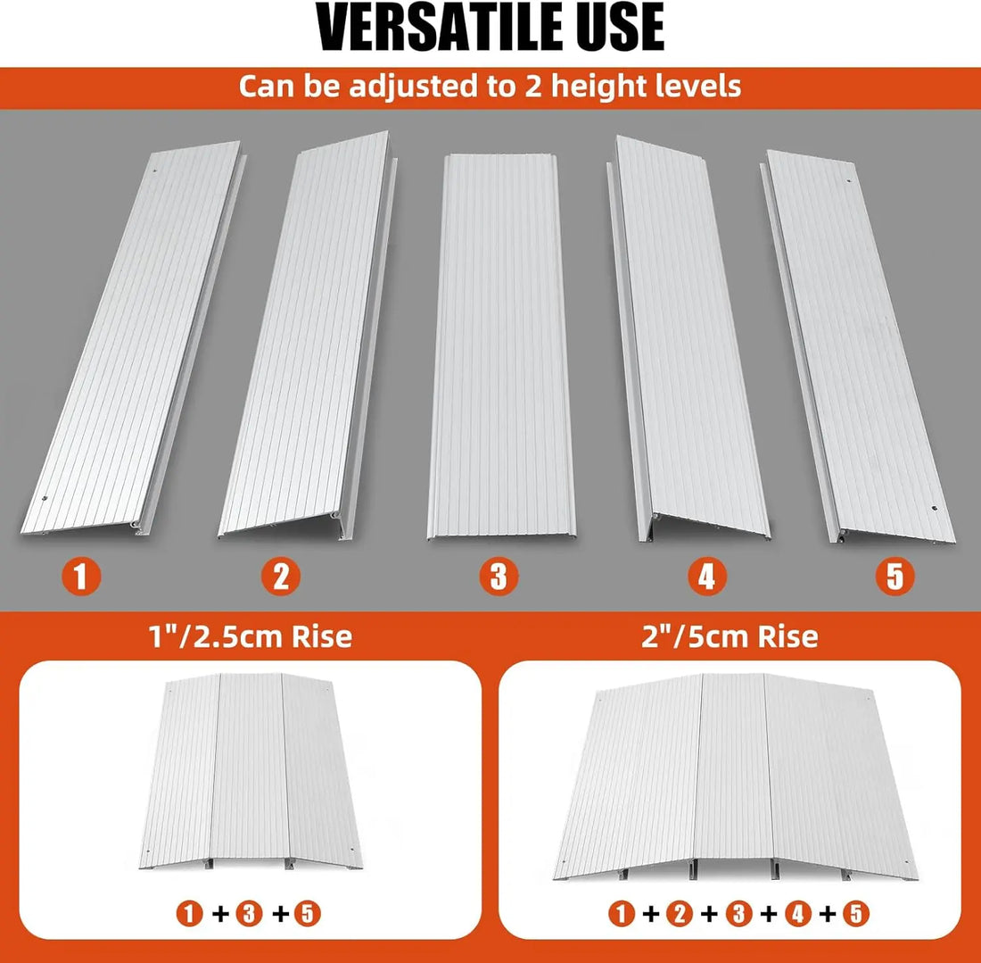 Adjustable height ramp panels with labeled rise levels on a gray background