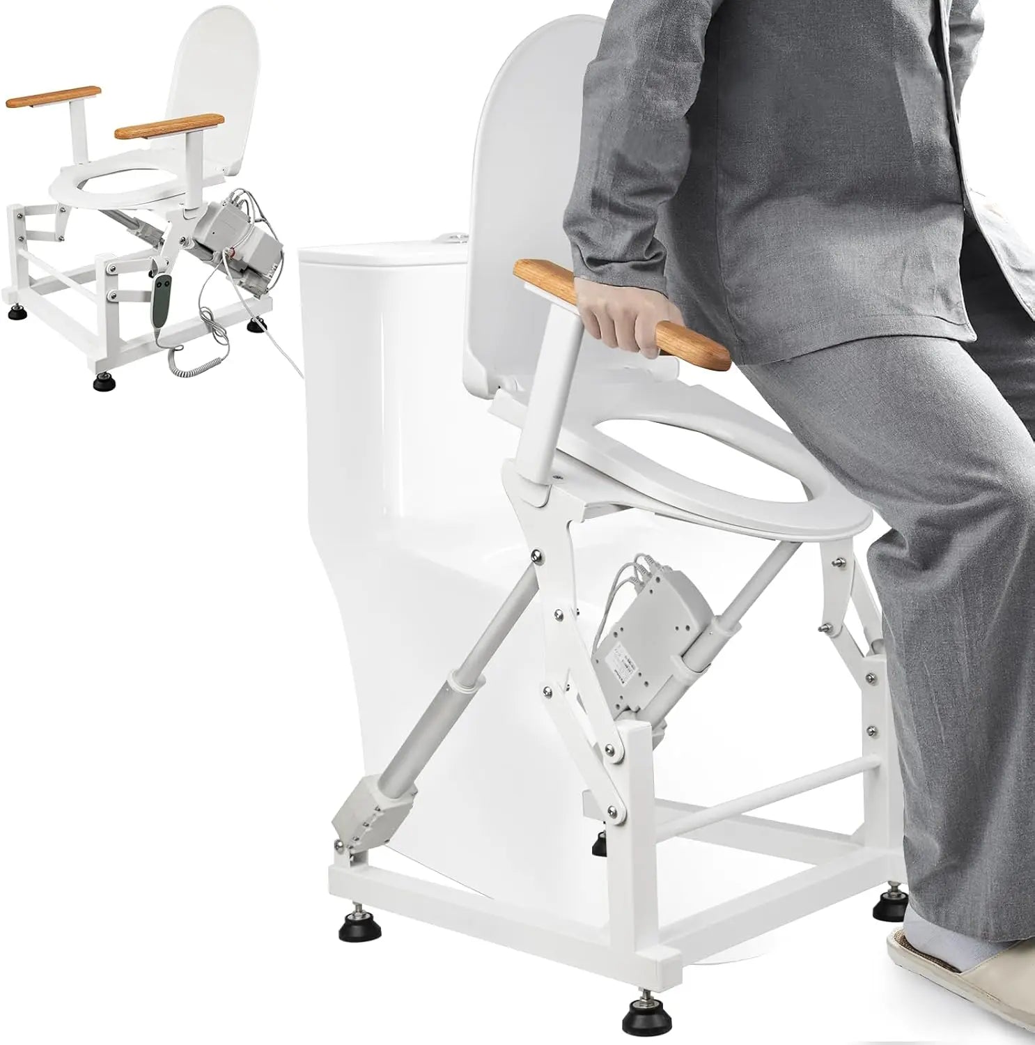 Single-Motor Electric Sit to Stand Lift Toilet Seat with Wooden Arms