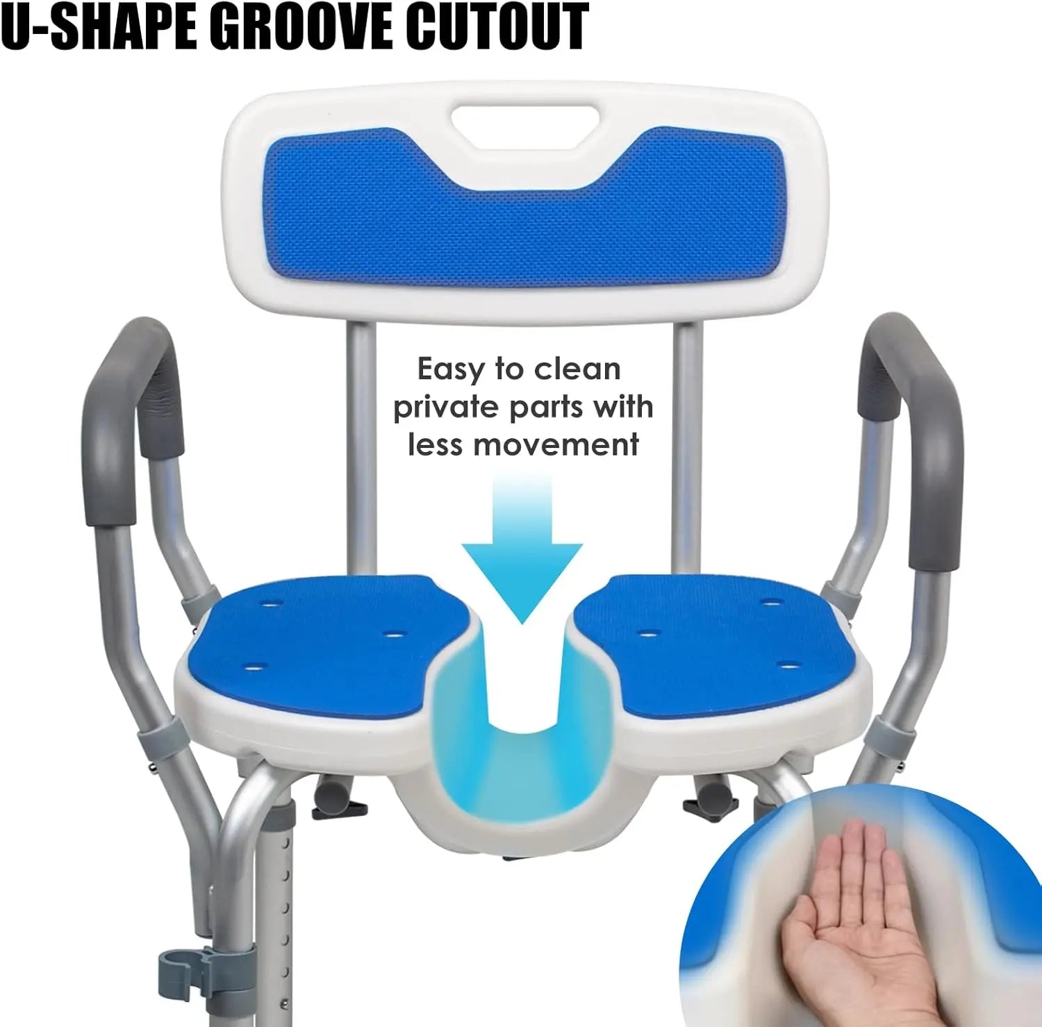 Blue and white shower chair with U-shaped groove cutout on a white background