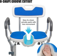 Blue and white shower chair with U-shaped groove cutout on a white background