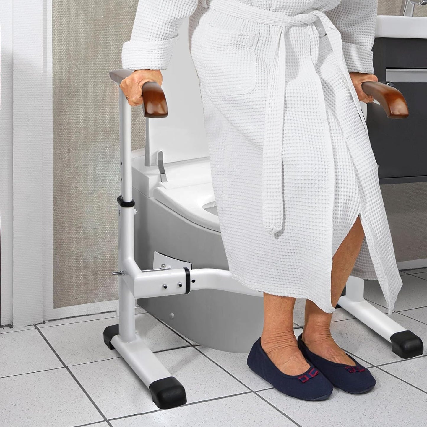 Toilet Safety Rails for Elderly Adjustable Height and Width Toilet Seat Rails with Solid Wood Handles & Steel Base, Suitable for Seniors and Disabled, 520 LBS Weight Capacity