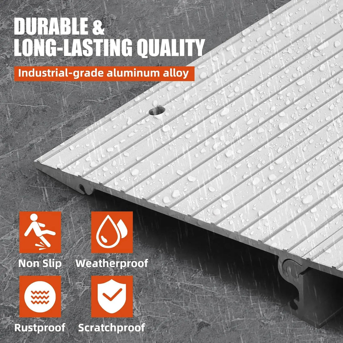 Metal threshold ramp with durability features on a textured background