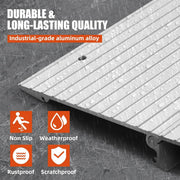 Metal threshold ramp with durability features on a textured background