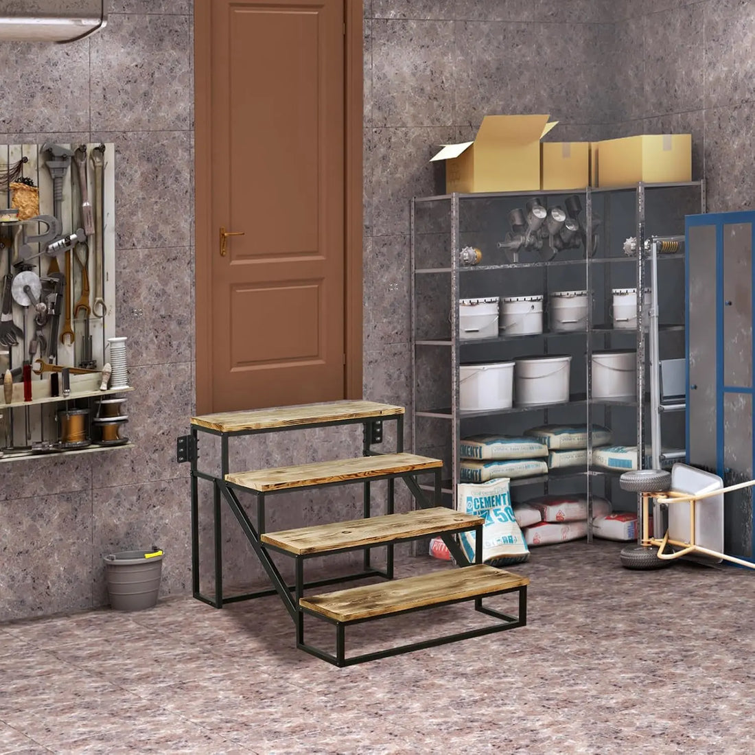 Wooden step stool in a storage room with shelves and boxes.