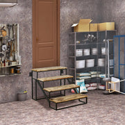 Wooden step stool in a storage room with shelves and boxes.