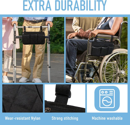 Walker Bags for Folding Walker - Durable Walker Baskets for Rolling Folding Walker with Reflective Strips, Universal Walker Bag Wheel Chair Accessories Bag, Two Adjustable Velcro Straps, Black