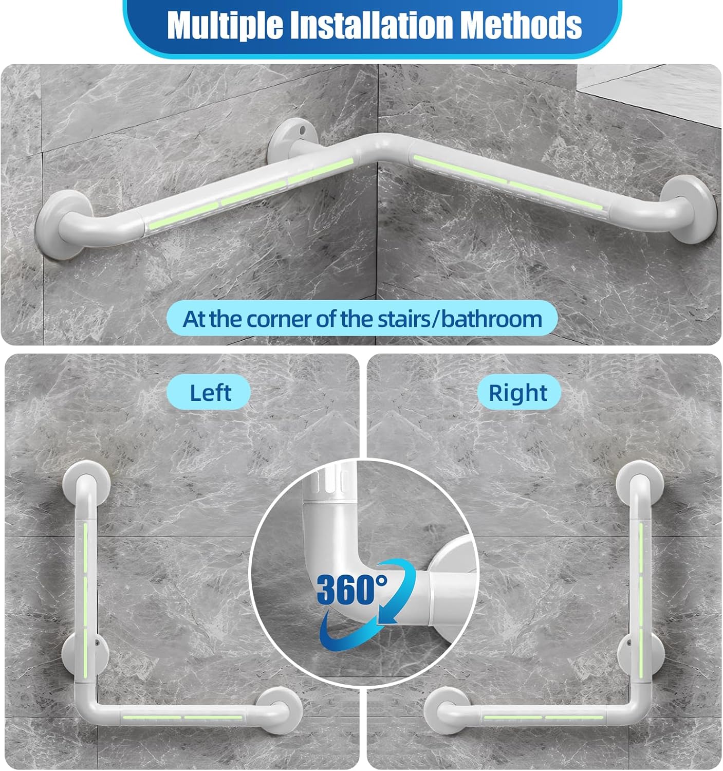 L Shaped Grab Bar for Wall, 16x16 Inch Angled Grab Bar with Luminous Strips and Luminous Rings, Handicap Grab Bar for Shower, Non-Slip Toilet Safety Rail, 660lbs, White