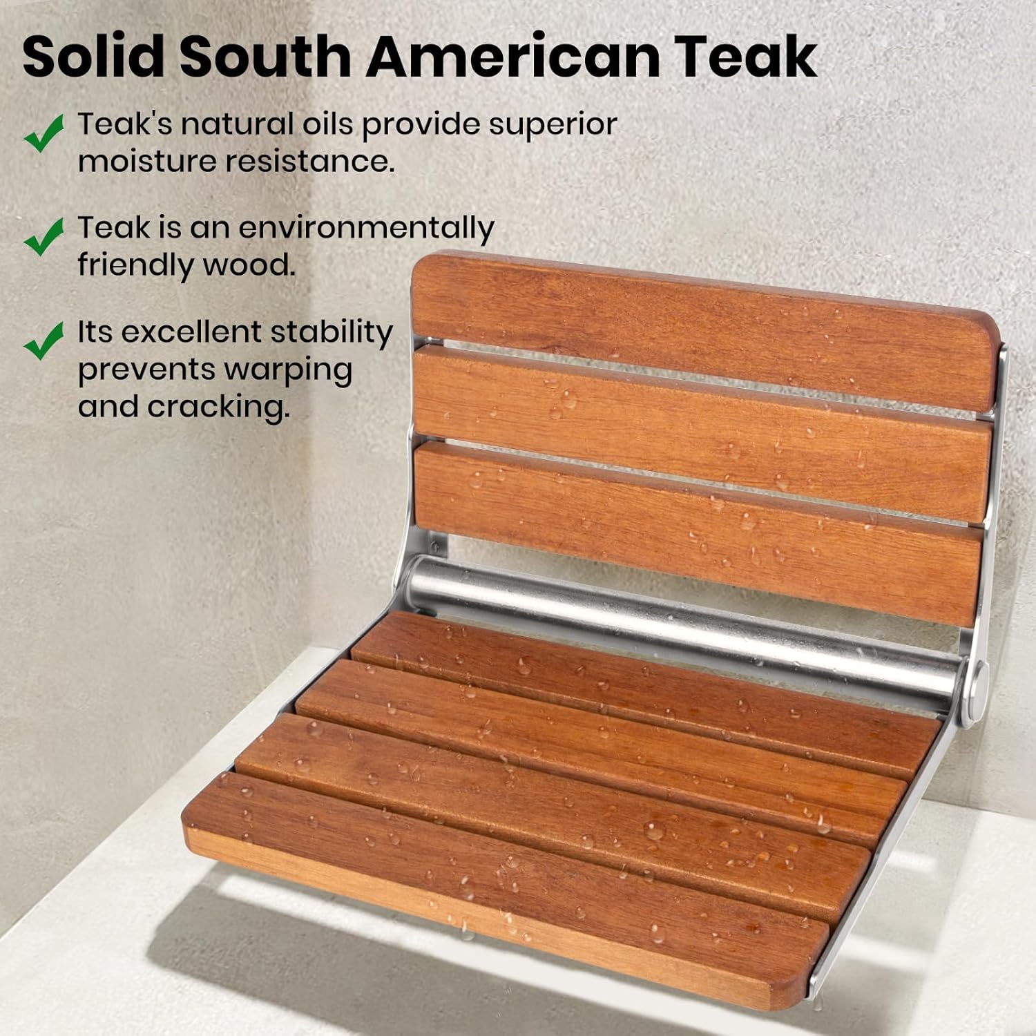 Folding Wall Mounted Teak Shower Seat, 16x13 inches, Support 440lbs