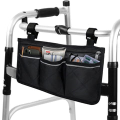 Small Walker Bag for Folding Walker - Walker Storage Accessories Bag with Reflective Strips, Two Adjustable Velcro Straps, Black