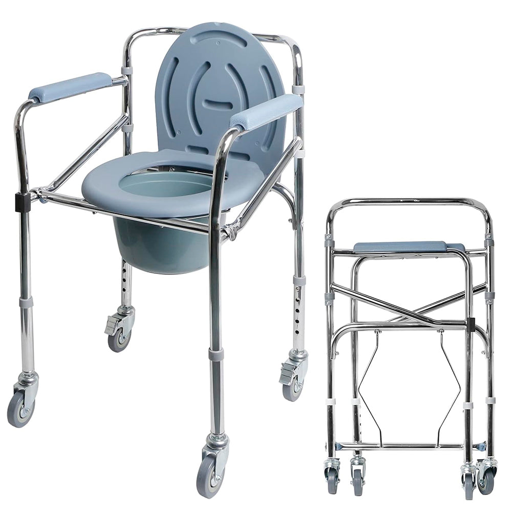 Bedside Portable Commode Chair with Wheels, Heavy Duty Steel Frame Portable Toilets with Adjustable Height