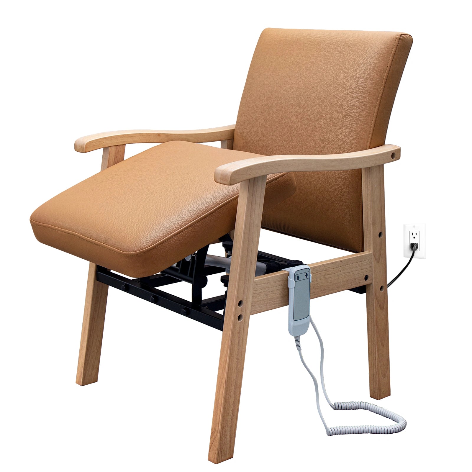 Brown leather power lift chair for seniors with solid wood arms, powered seat lift, and handheld remote