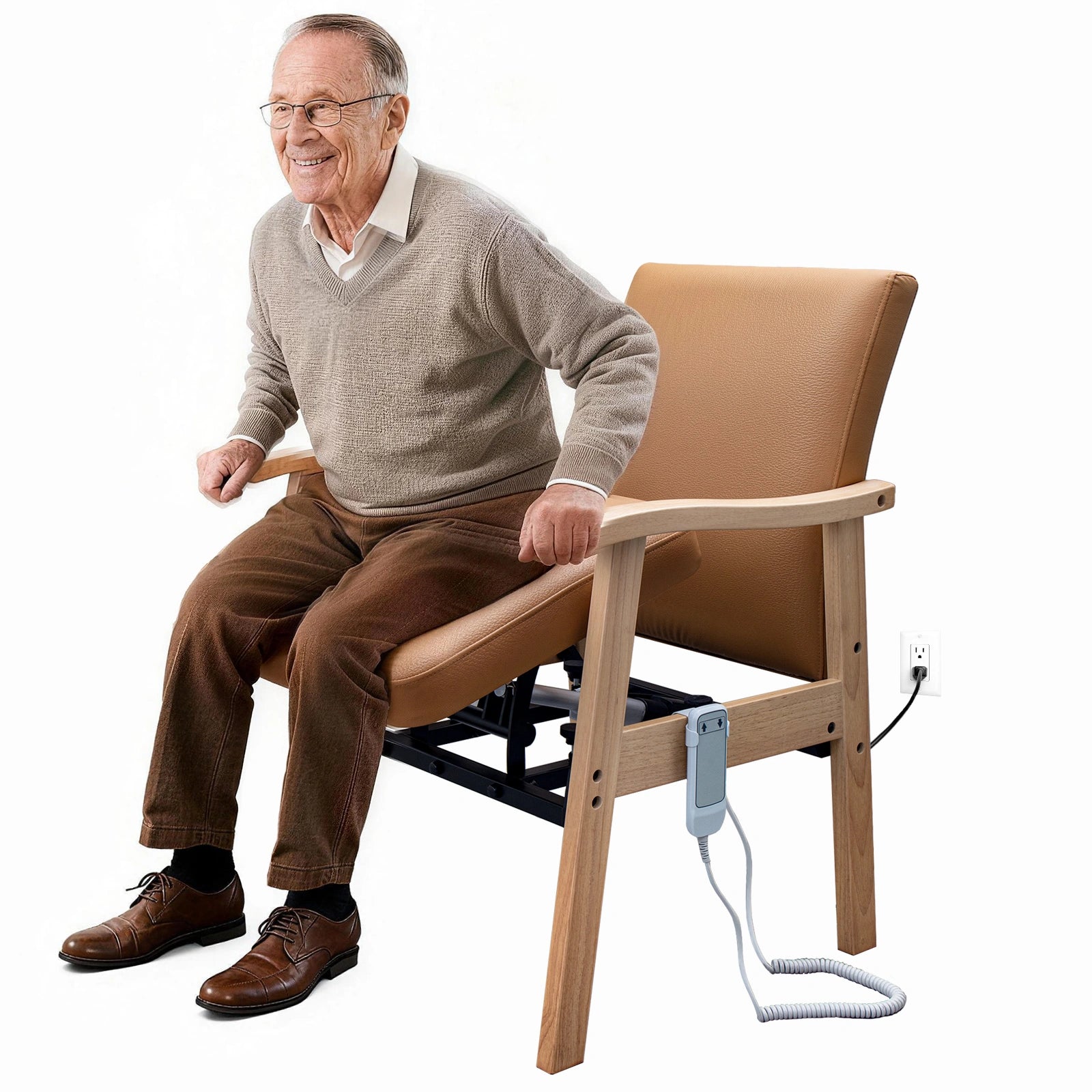Senior using brown leather power lift chair with wooden arms for assisted standing